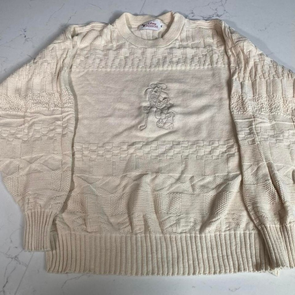 Vintage‎ 80s Disney Fashions XL Cable‑Knit Embroidered Goofy Golf  Cream Sweater